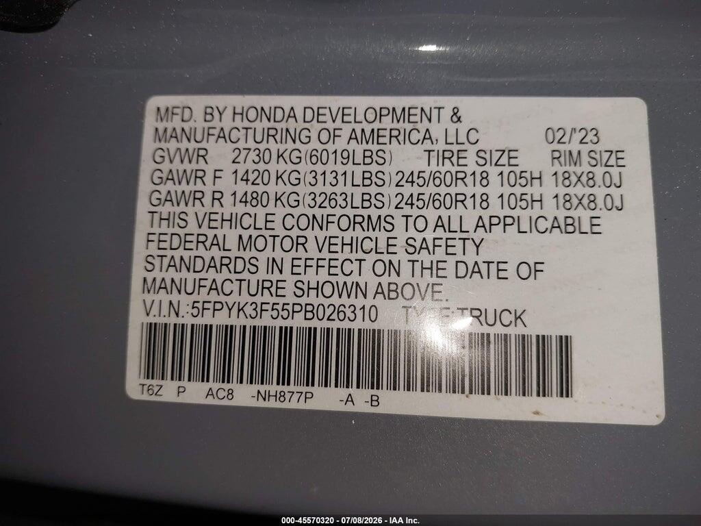 5FPYK3F55PB026310 2023 HONDA RIDGELINE photo no. 9