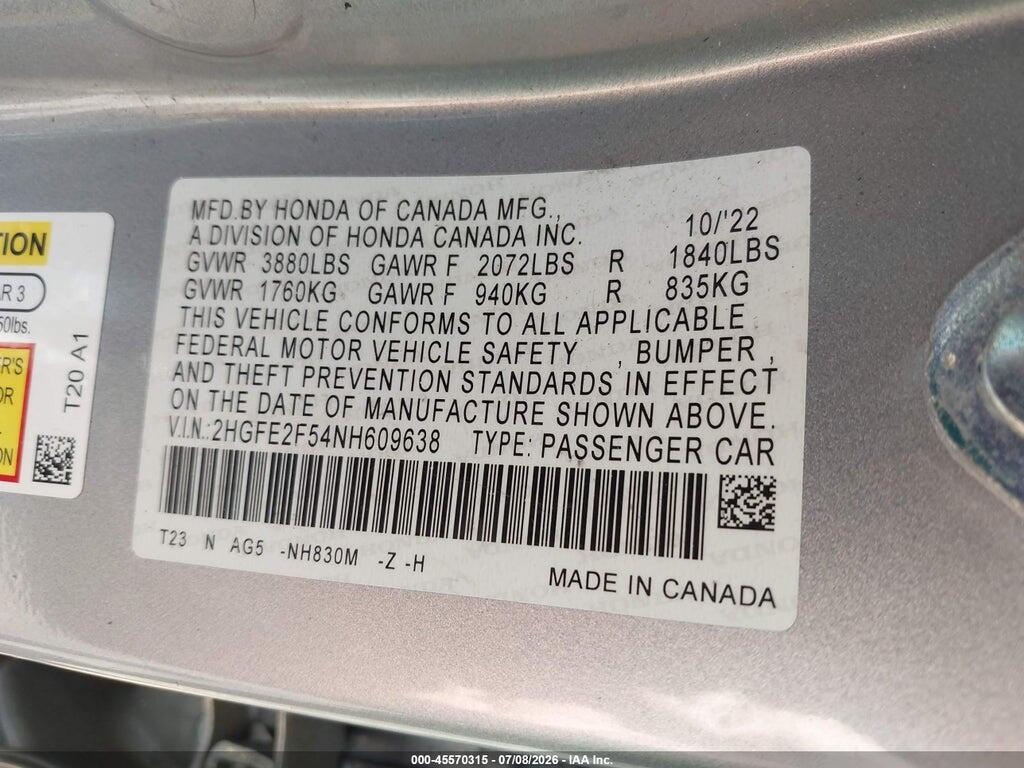 2HGFE2F54NH609638 2022 HONDA CIVIC photo no. 9
