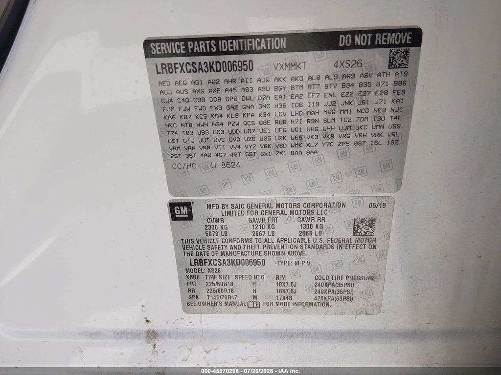 LRBFXCSA3KD006950 2019 BUICK ENVISION photo no. 9