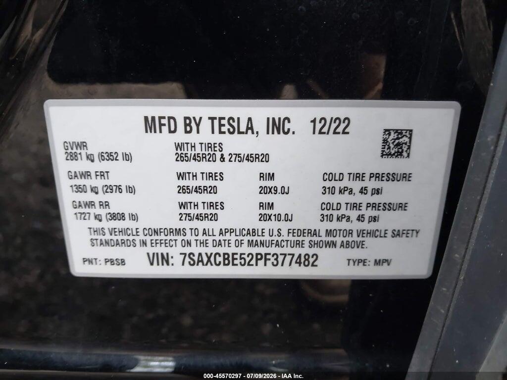7SAXCBE52PF377482 2023 TESLA MODEL X photo no. 9