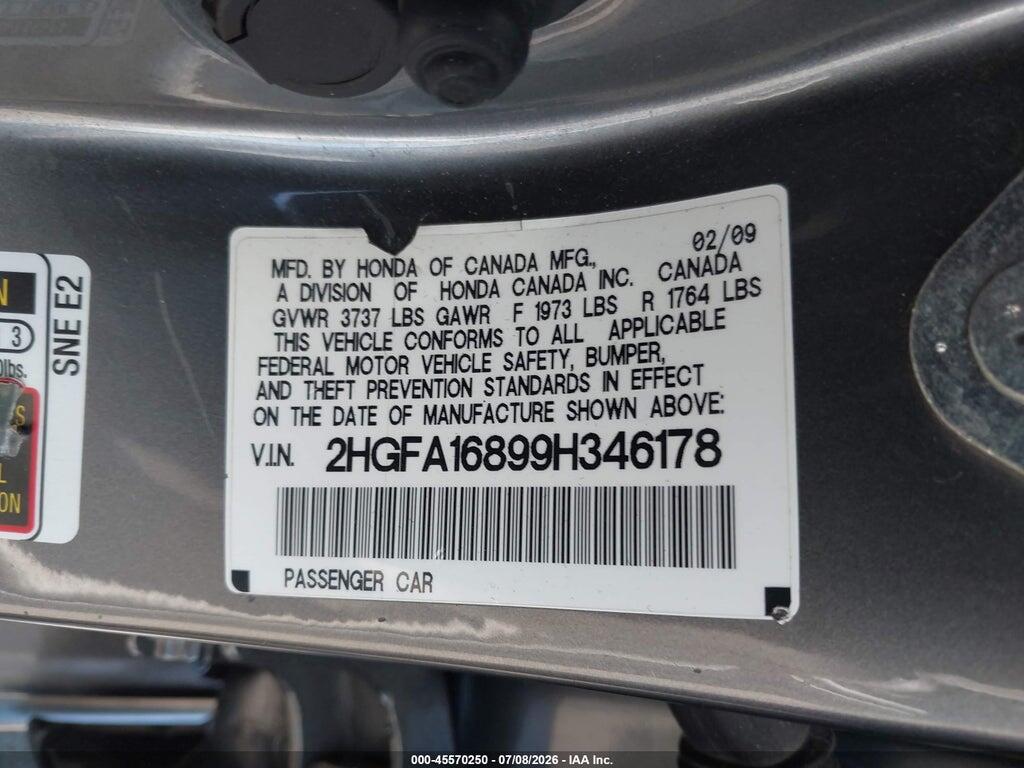 2HGFA16899H346178 2009 HONDA CIVIC photo no. 9