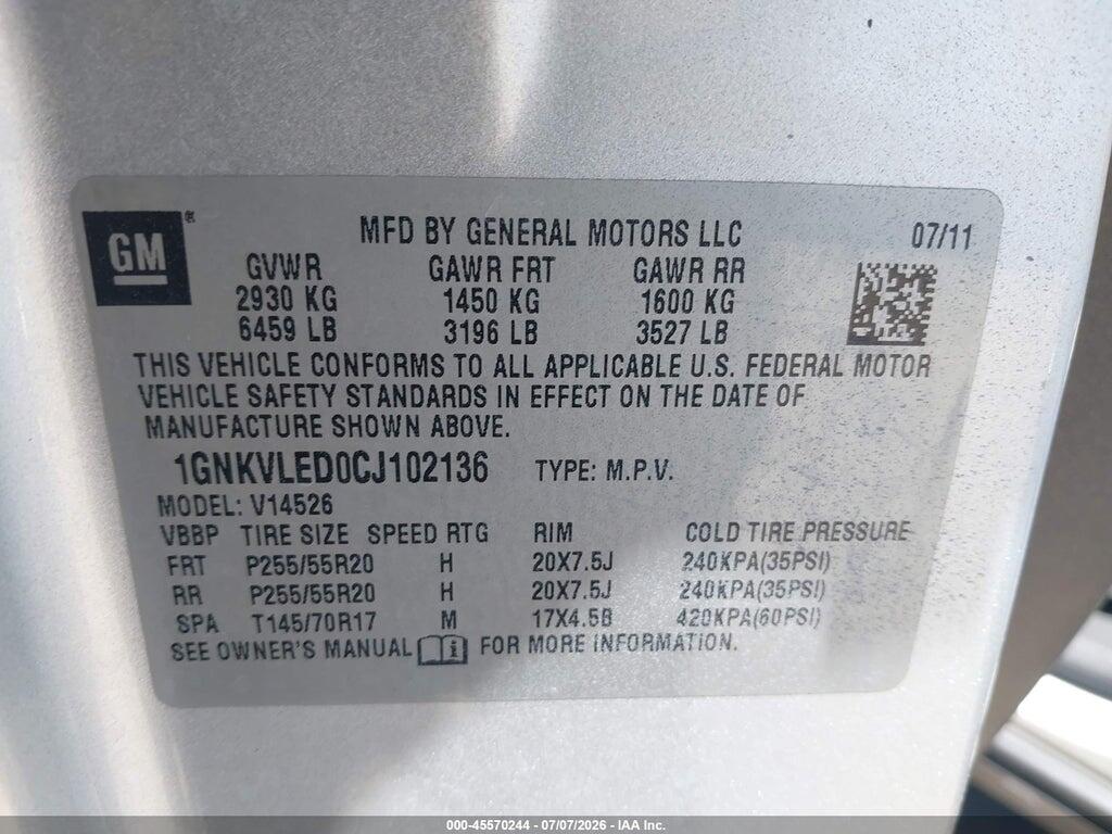 1GNKVLED0CJ102136 2012 CHEVROLET TRAVERSE photo no. 9