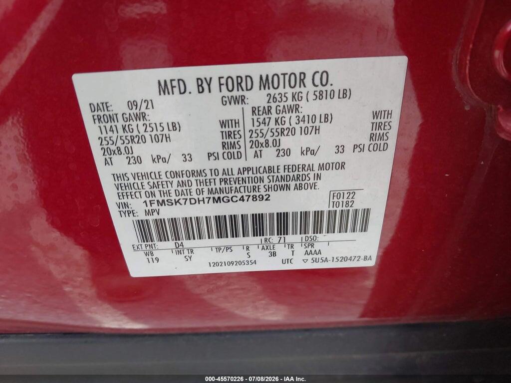 1FMSK7DH7MGC47892 2021 FORD EXPLORER photo no. 9