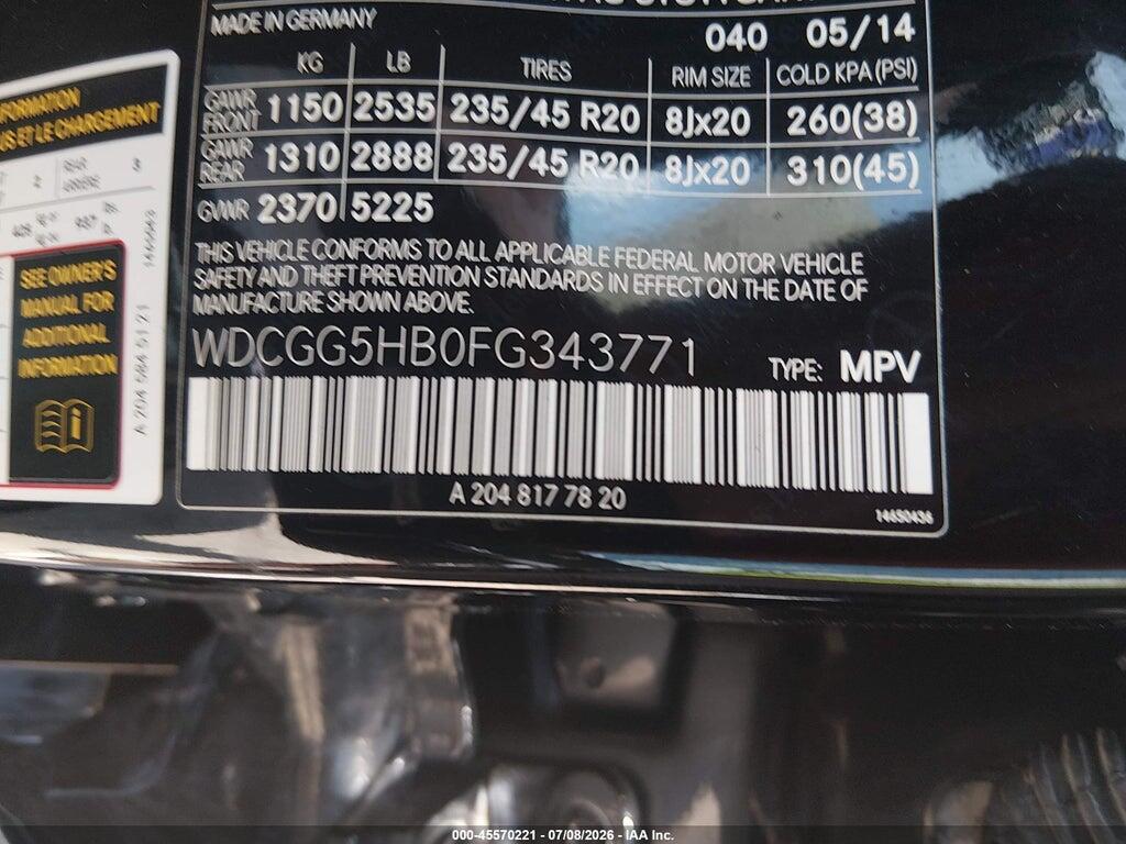 WDCGG5HB0FG343771 2015 MERCEDES-BENZ GLK 350 photo no. 9