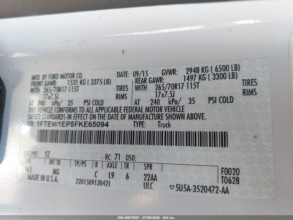 1FTEW1EP5FKE65094 2015 FORD F-150 photo no. 9