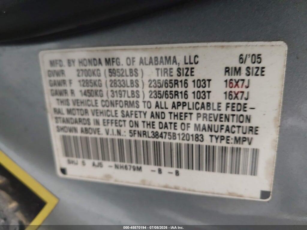 5FNRL38475B120183 2005 HONDA ODYSSEY photo no. 9