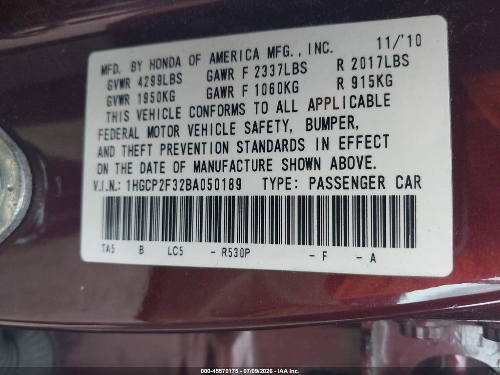 1HGCP2F32BA050189 2011 HONDA ACCORD photo no. 9