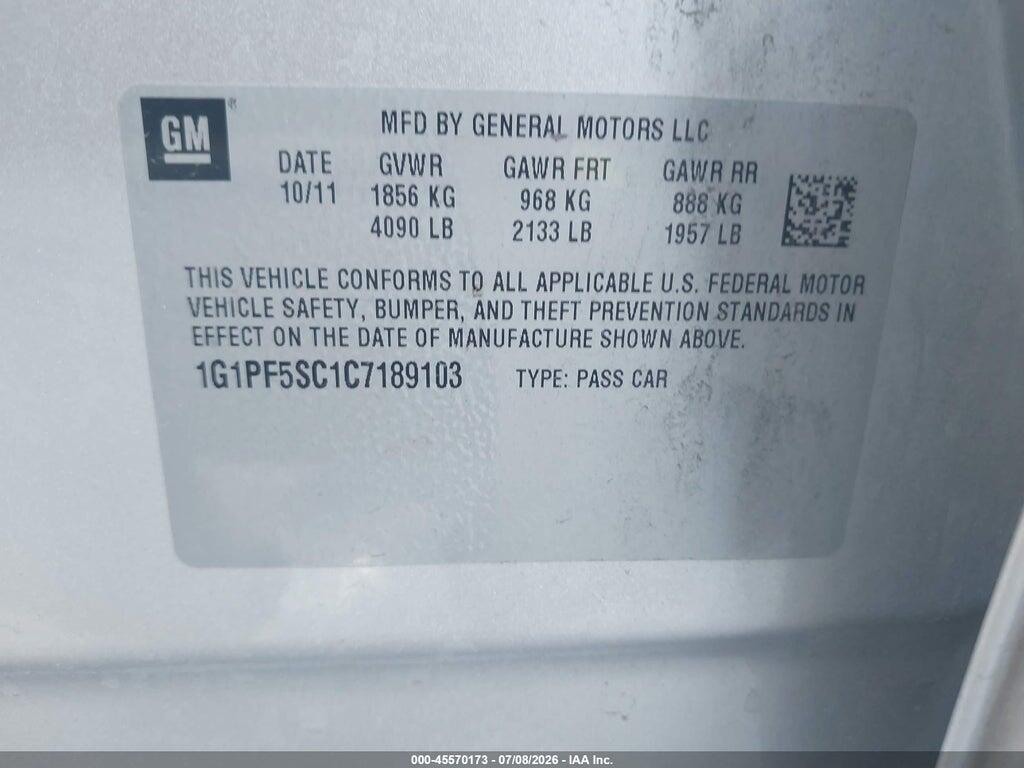 1G1PF5SC1C7189103 2012 CHEVROLET CRUZE photo no. 9