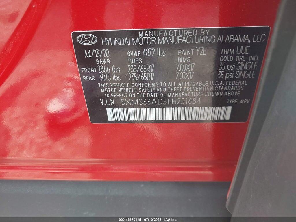 5NMS33AD5LH251684 2020 HYUNDAI SANTA FE photo no. 9