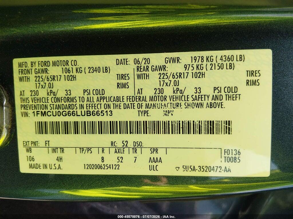 1FMCU0G66LUB66513 2020 FORD ESCAPE photo no. 9