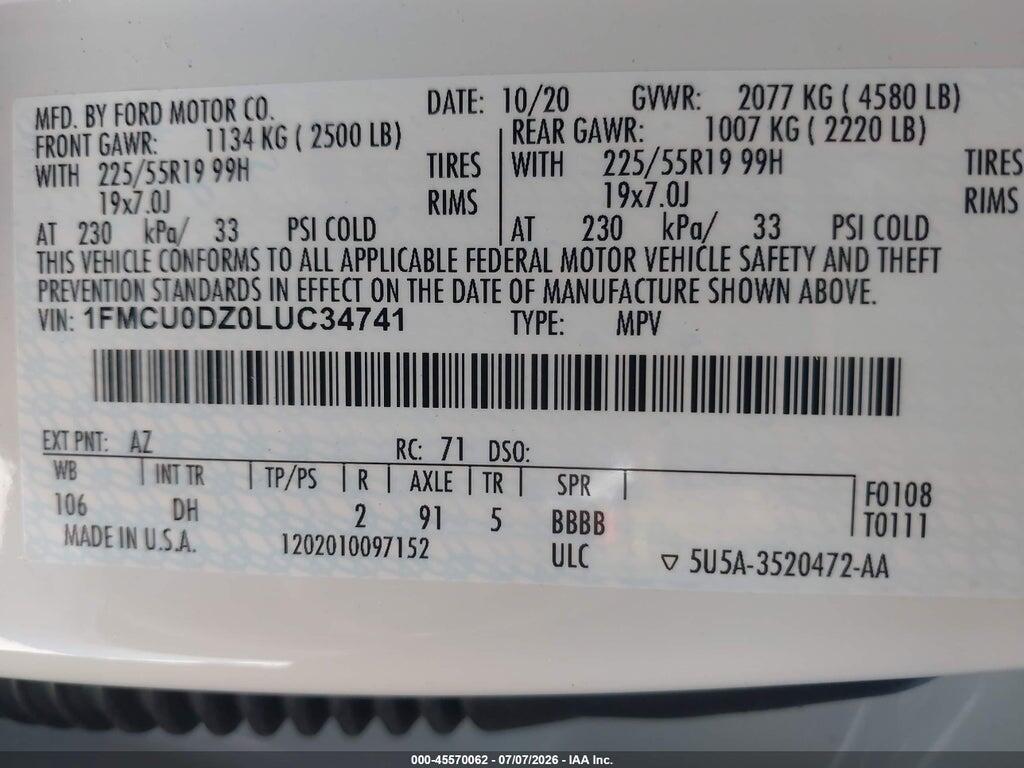 1FMCU0DZ0LUC34741 2020 FORD ESCAPE photo no. 9