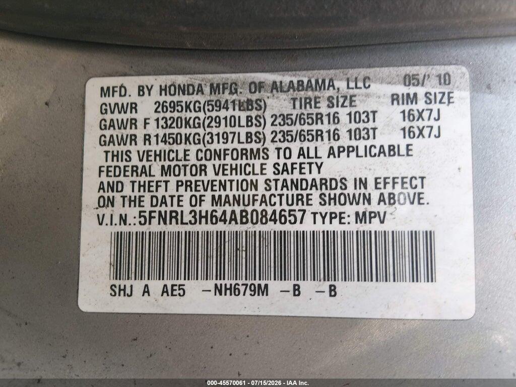 5FNRL3H64AB084657 2010 HONDA ODYSSEY photo no. 9