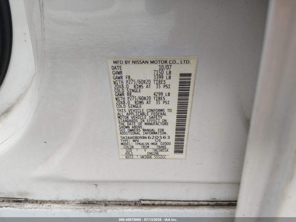 5N1BA08D98N620563 2008 NISSAN ARMADA photo no. 9