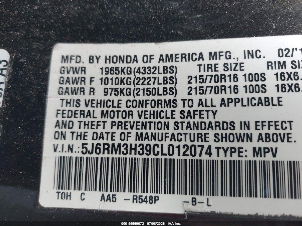 5J6RM3H39CL012074 2012 HONDA CR-V photo no. 9