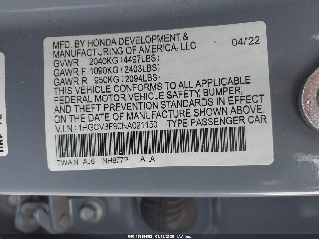 1HGCV3F90NA021150 2022 HONDA ACCORD HYBRID photo no. 9