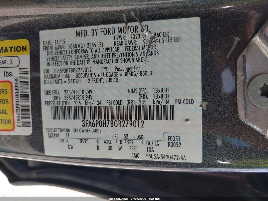 3FA6P0H78GR279012 2016 FORD FUSION photo no. 9