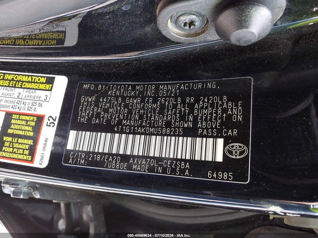 4T1G11AK0MU588235 2021 TOYOTA CAMRY photo no. 9
