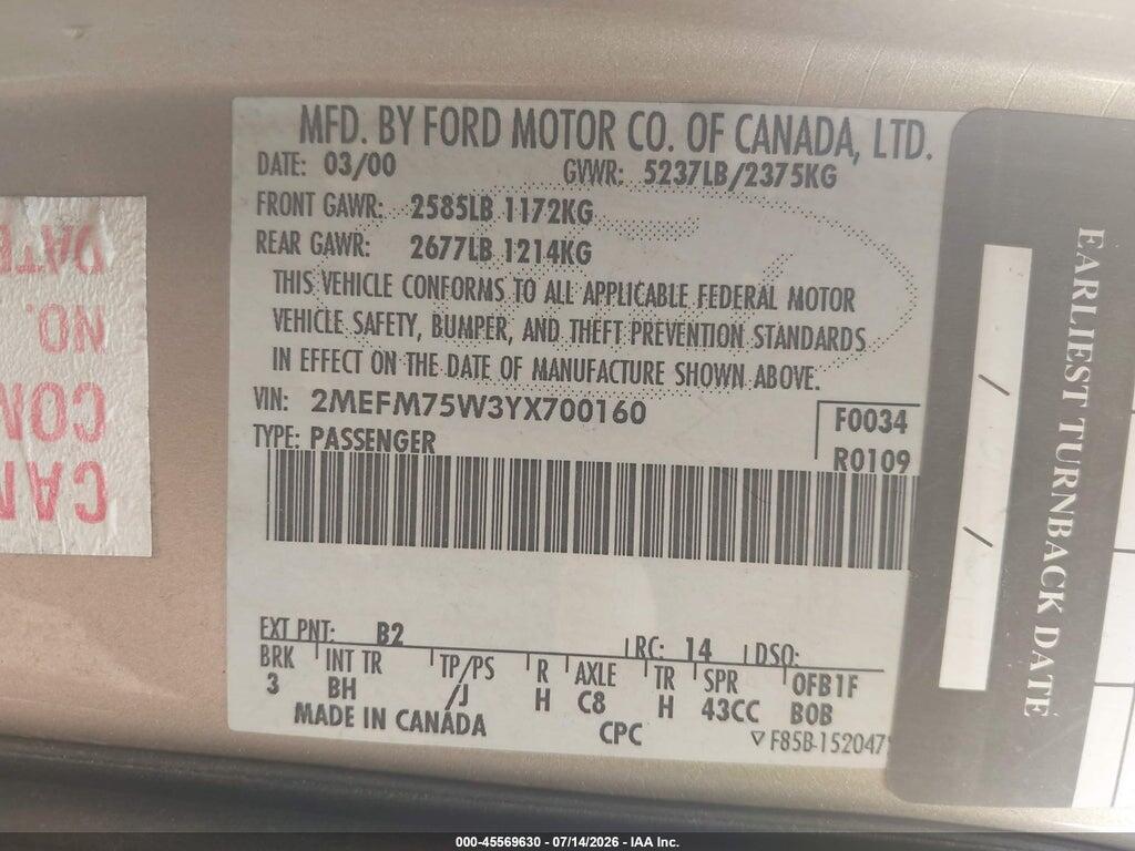 2MEFM75W3YX700160 2000 MERCURY GRAND MARQUIS photo no. 9