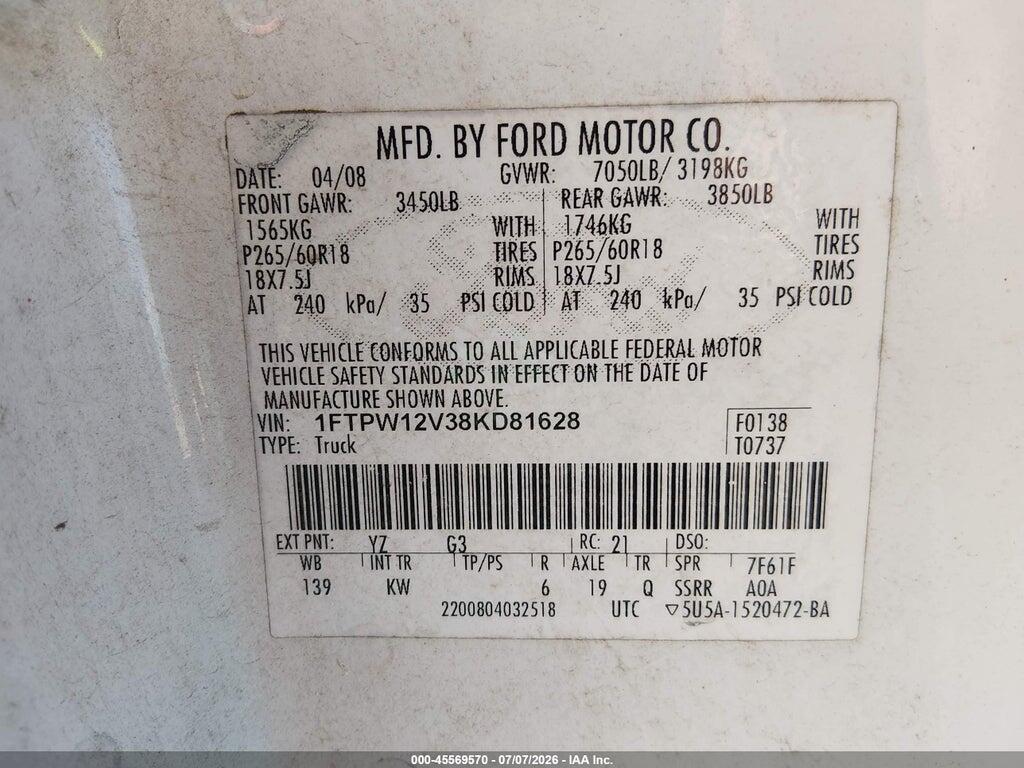 1FTPW12V38KD81628 2008 FORD F-150 photo no. 9