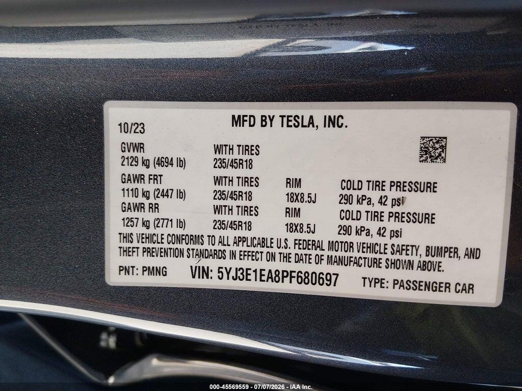 5YJ3E1EA8PF680697 2023 TESLA MODEL 3 photo no. 9