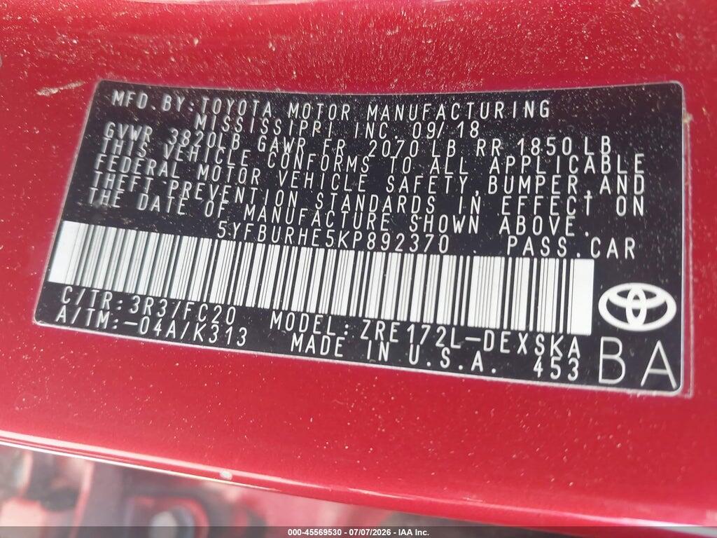 5YFBURHE5KP892370 2019 TOYOTA COROLLA photo no. 9