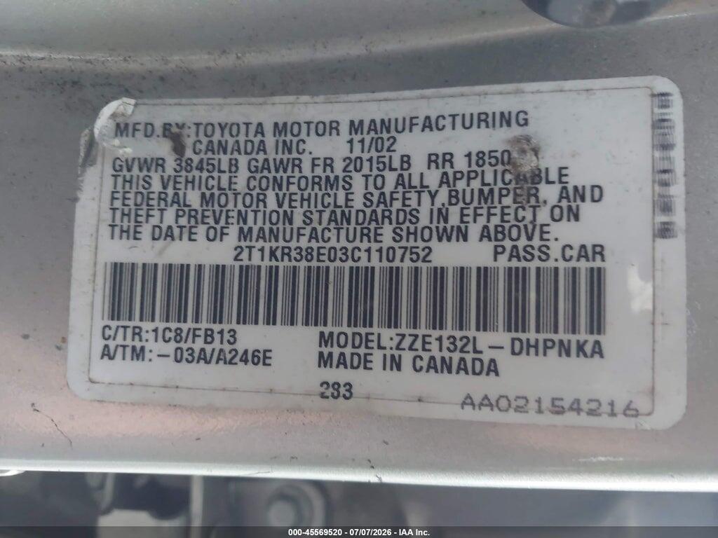 2T1KR38E03C110752 2003 TOYOTA MATRIX photo no. 9
