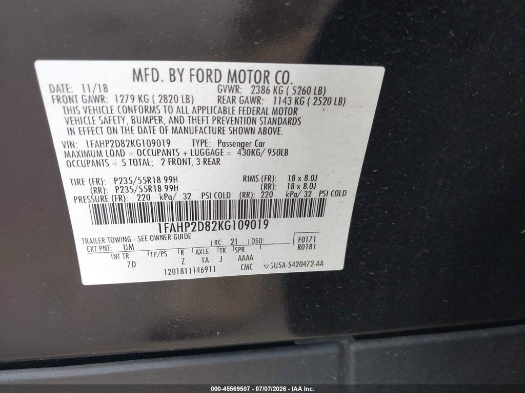 1FAHP2D82KG109019 2019 FORD TAURUS photo no. 9