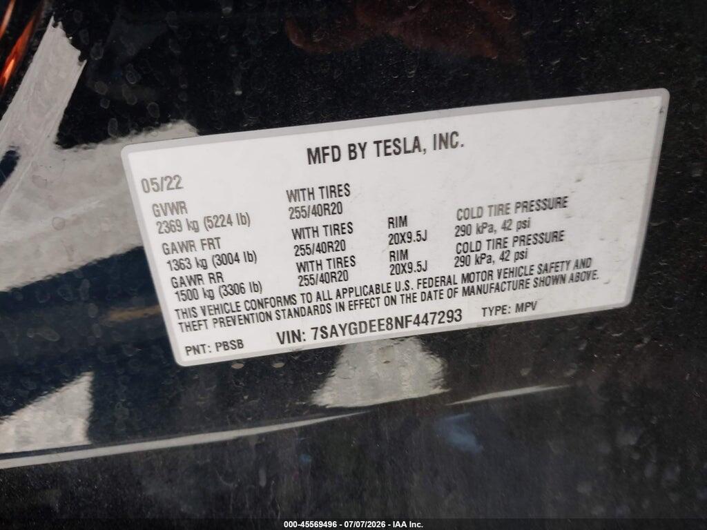 7SAYGDEE8NF447293 2022 TESLA MODEL Y photo no. 9