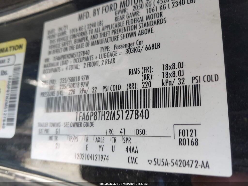 1FA6P8TH2M5127840 2021 FORD MUSTANG photo no. 9