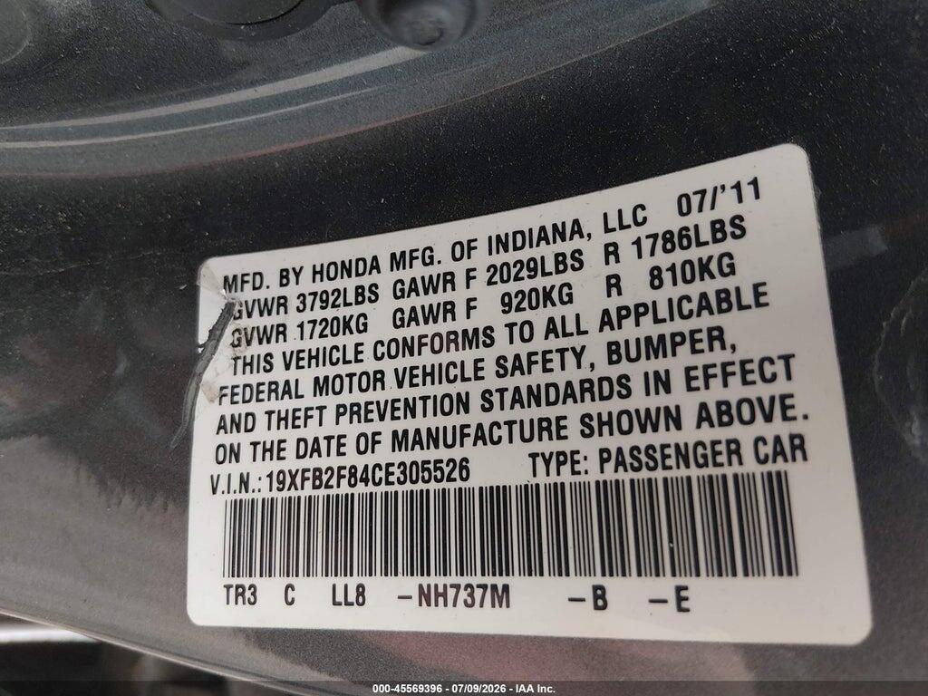19XFB2F84CE305526 2012 HONDA CIVIC photo no. 9