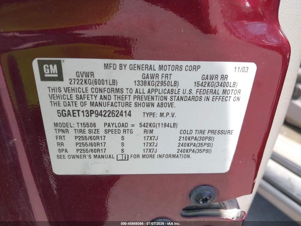 5GAET13P942262414 2004 BUICK RAINIER photo no. 9