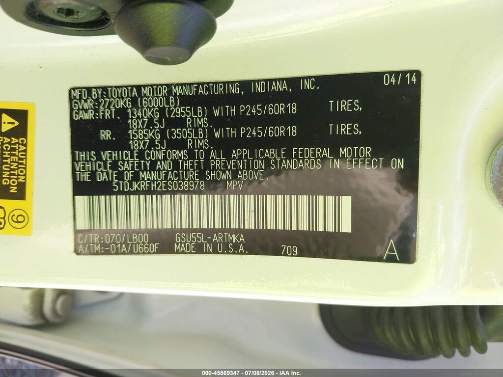 5TDJKRFH2ES038978 2014 TOYOTA HIGHLANDER photo no. 9