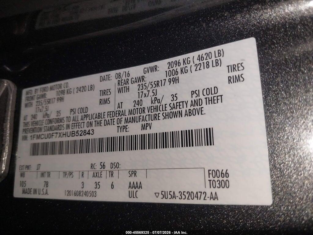1FMCU0F7XHUB52843 2017 FORD ESCAPE photo no. 9