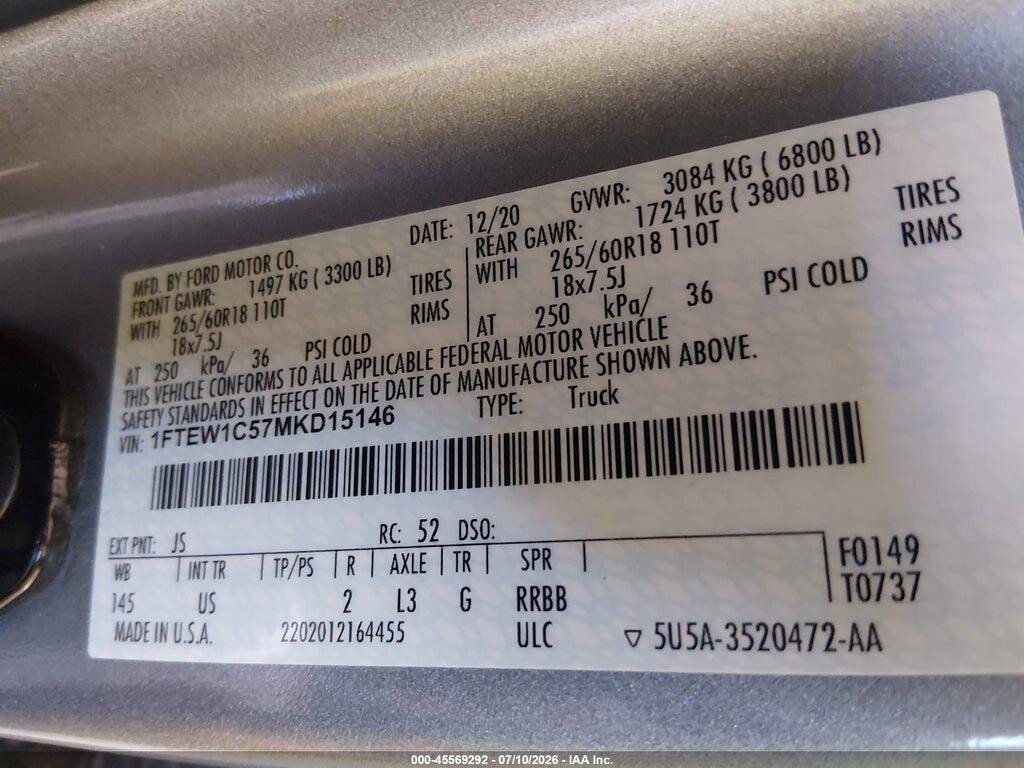 1FTEW1C57MKD15146 2021 FORD F-150 photo no. 9