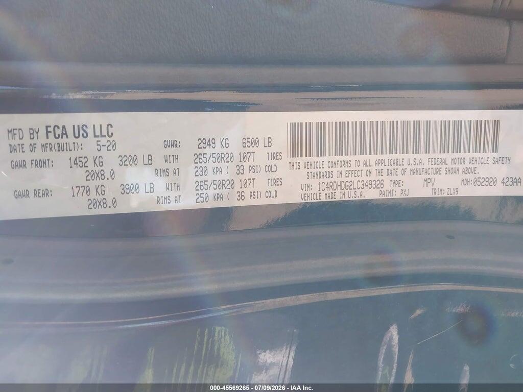 1C4RDHDG2LC349326 2020 DODGE DURANGO photo no. 9