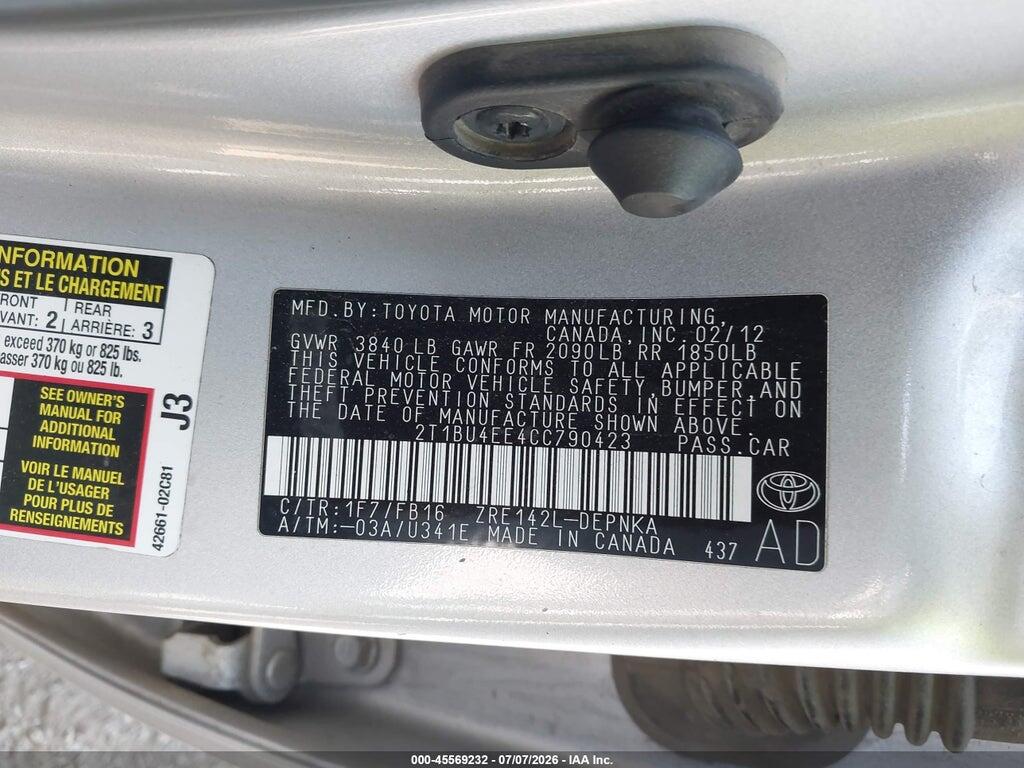2T1BU4EE4CC790423 2012 TOYOTA COROLLA photo no. 9
