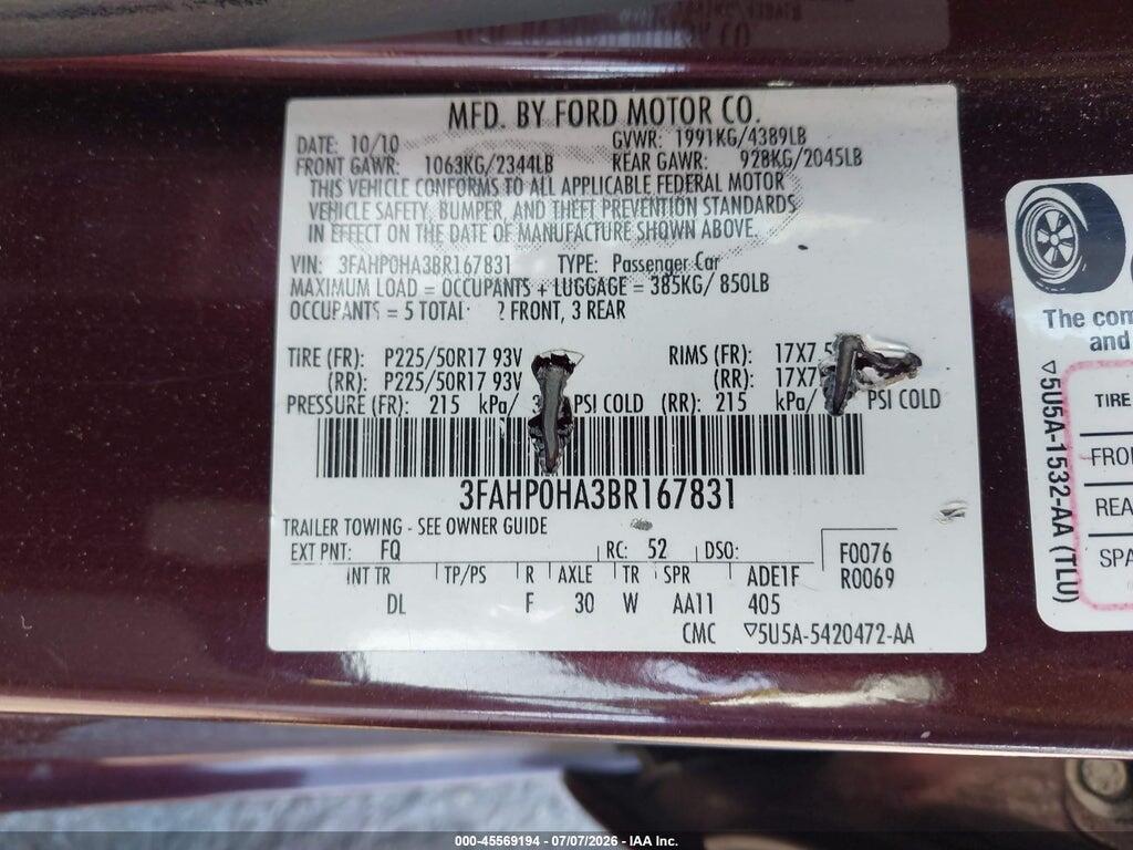 3FAHP0HA3BR167831 2011 FORD FUSION photo no. 9