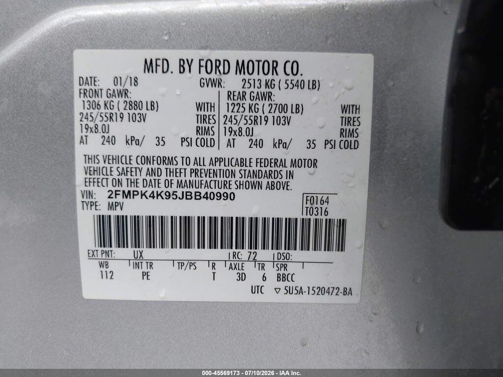 2FMPK4K95JBB40990 2018 FORD EDGE photo no. 9