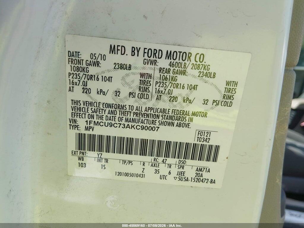 1FMCU9C73AKC90007 2010 FORD ESCAPE photo no. 9