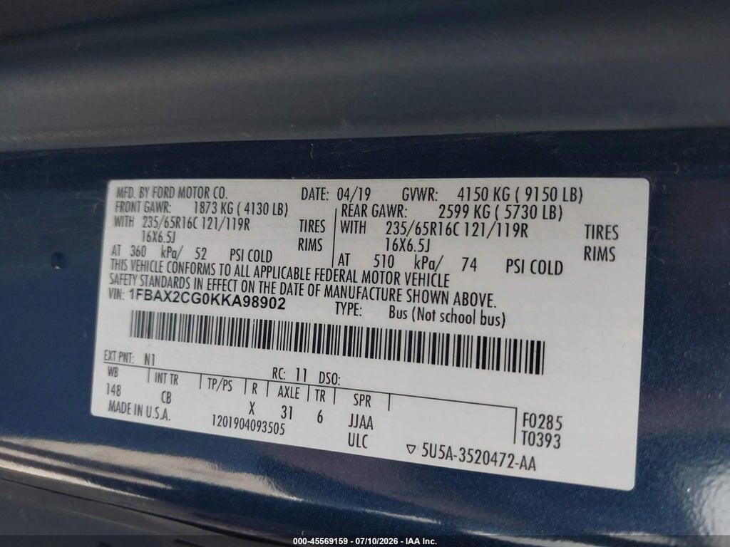 1FBAX2CG0KKA98902 2019 FORD TRANSIT-350 photo no. 9