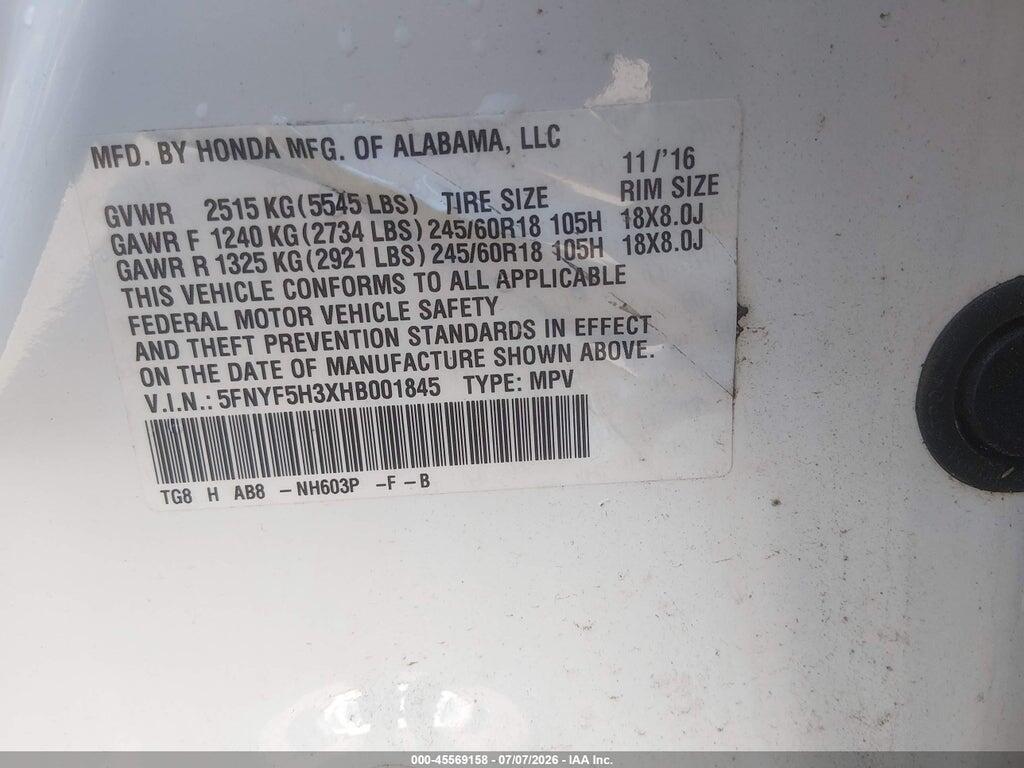 5FNYF5H3XHB001845 2017 HONDA PILOT photo no. 9