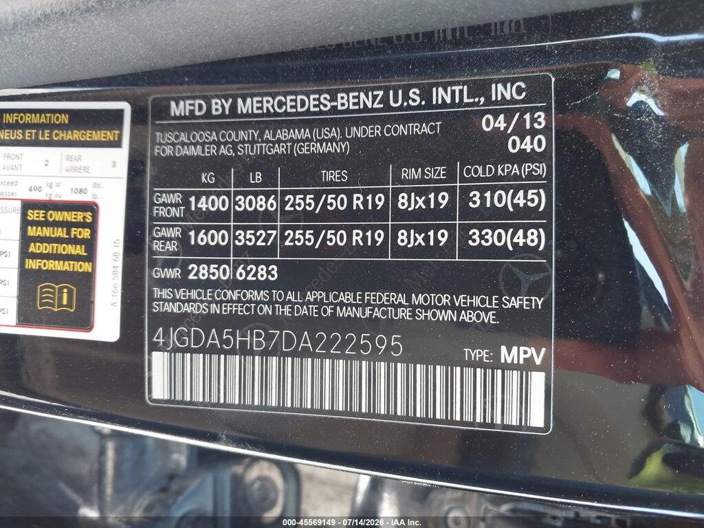 4JGDA5HB7DA222595 2013 MERCEDES-BENZ ML 350 photo no. 9