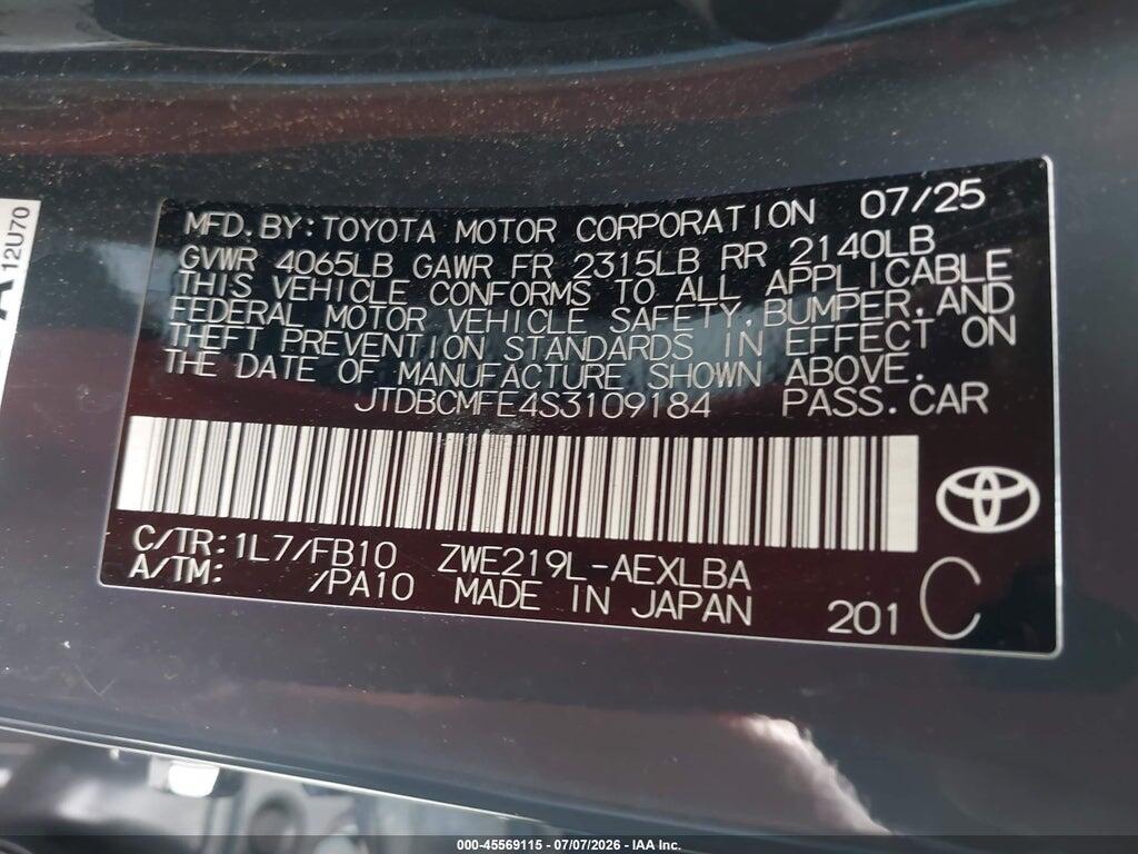 JTDBCMFE4S3109184 2025 TOYOTA COROLLA photo no. 9