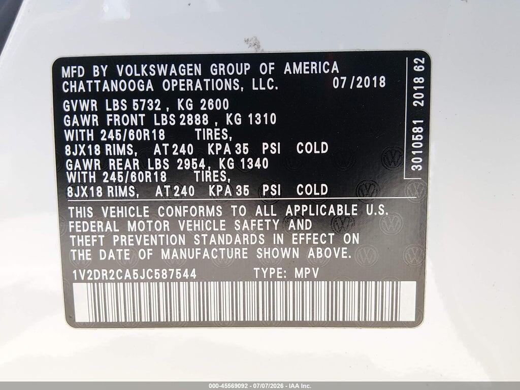 1V2DR2CA5JC587544 2018 VOLKSWAGEN ATLAS photo no. 9