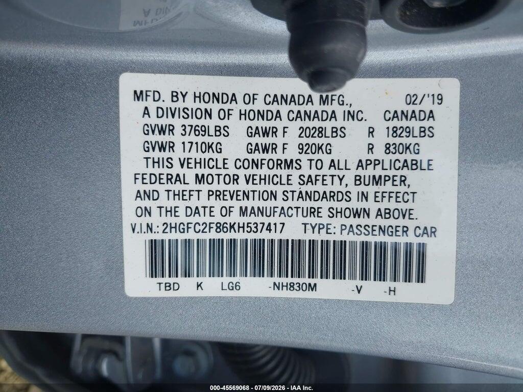 2HGFC2F86KH537417 2019 HONDA CIVIC photo no. 9
