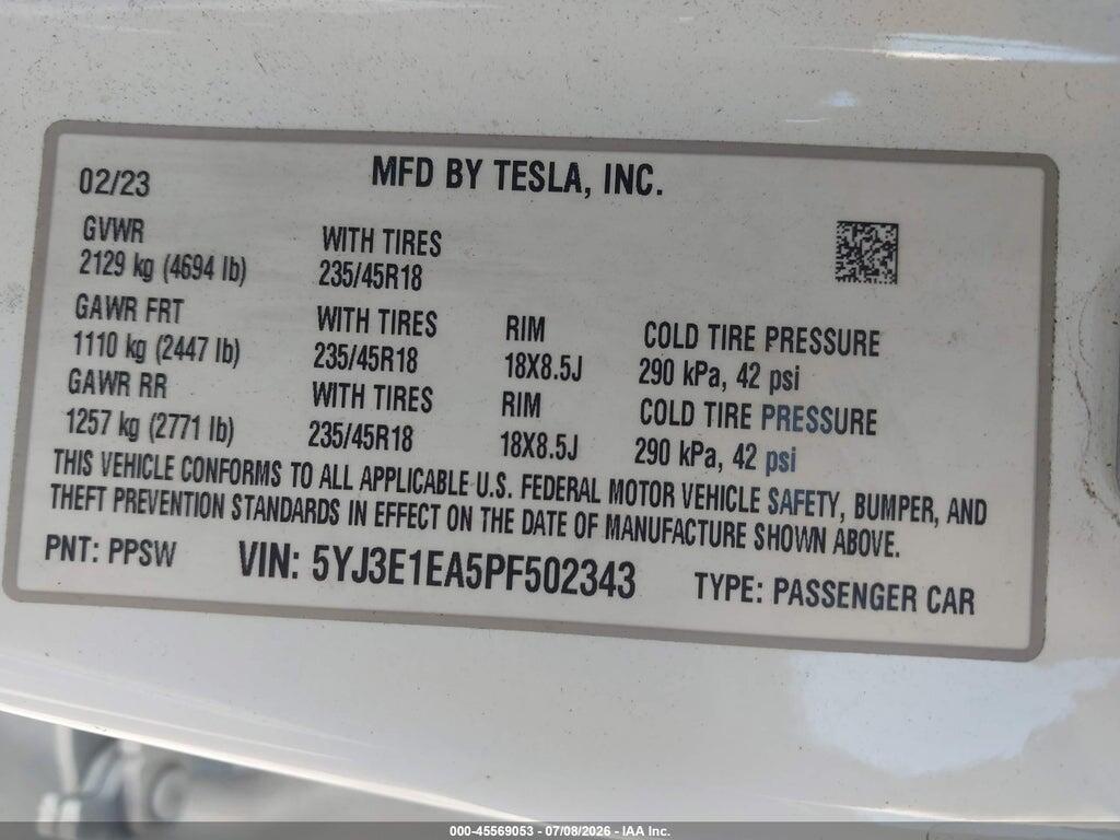 5YJ3E1EA5PF502343 2023 TESLA MODEL 3 photo no. 9