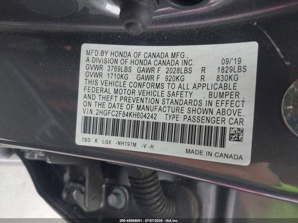 2HGFC2F84KH604242 2019 HONDA CIVIC photo no. 9