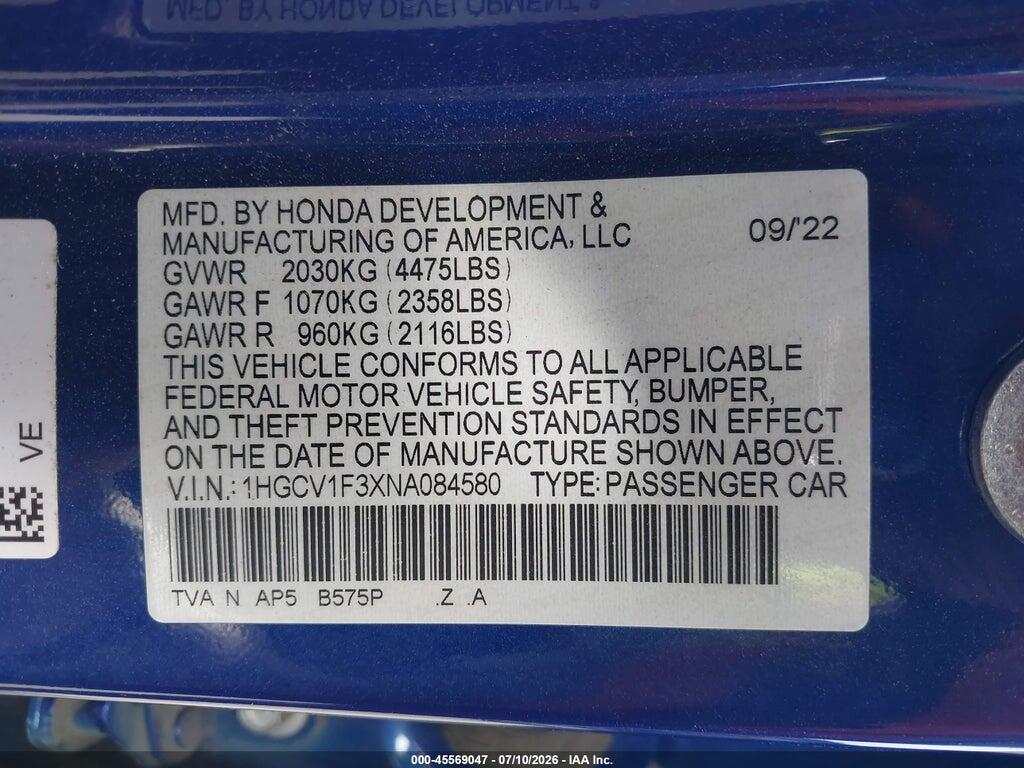 1HGCV1F3XNA084580 2022 HONDA ACCORD photo no. 9
