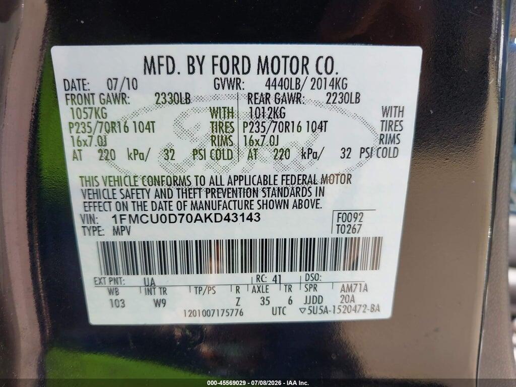 1FMCU0D70AKD43143 2010 FORD ESCAPE photo no. 9