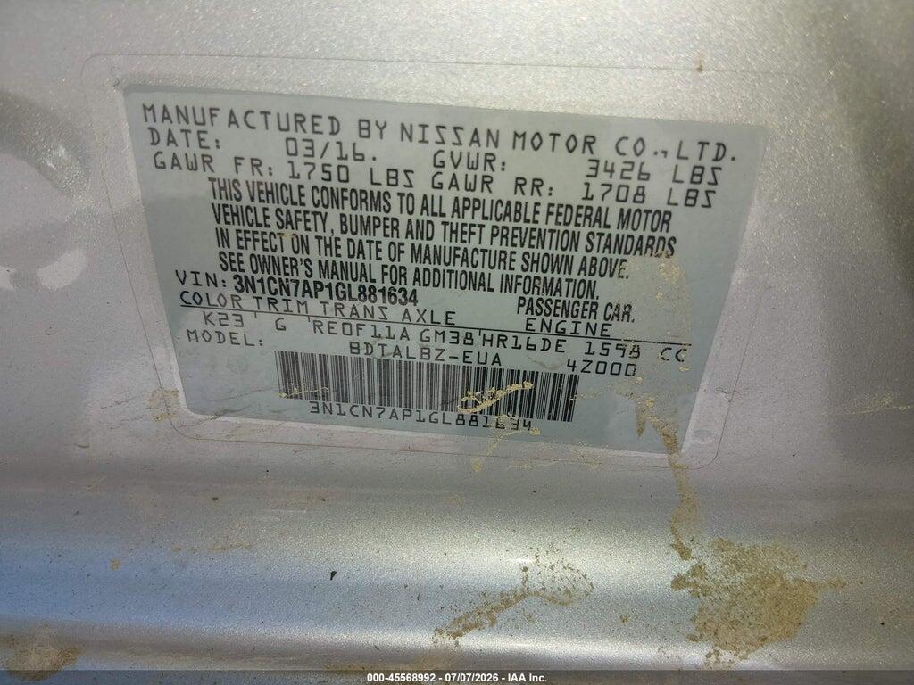 3N1CN7AP1GL881634 2016 NISSAN VERSA photo no. 9